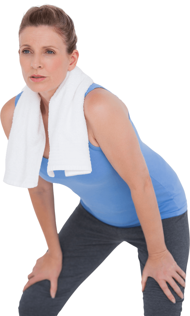 Fit Woman in Sportswear with Towel Resting at Transparent Studio