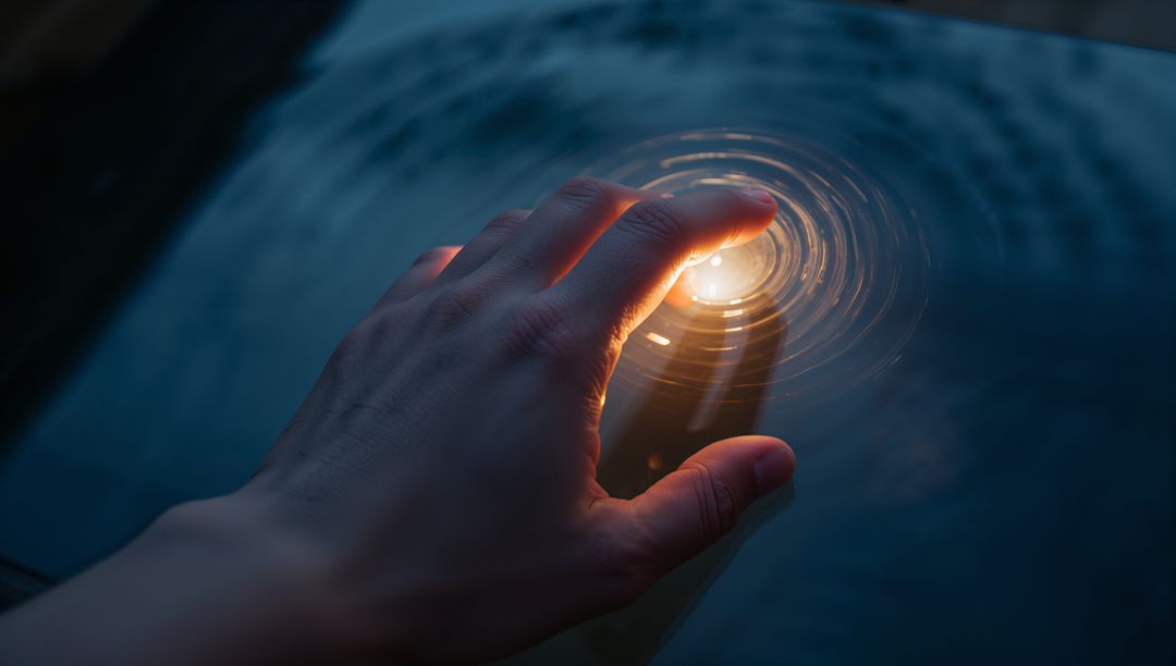 Hand Touching Water Glow Creating Ripples Around Bright Fingertip, Futuristic Concept