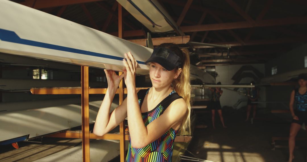 Young Female Athlete Preparing Canoe in Boathouse - Free Images, Stock Photos and Pictures on Pikwizard.com