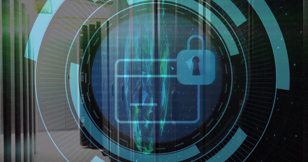 Digital Security Icon Overlaid on Data Center Servers