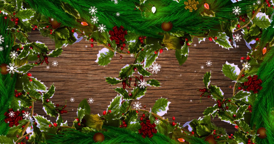 Festive Christmas Border with Snow and Leaves on Wooden Background