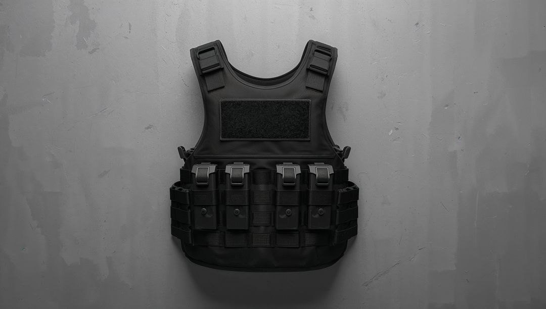 Black Tactical Vest Hanging on Wall with Attachments