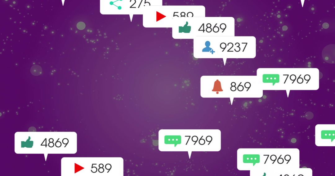 Floating Social Media Notification Bubbles with Engagement Icons and Metrics on Purple Gradient UI