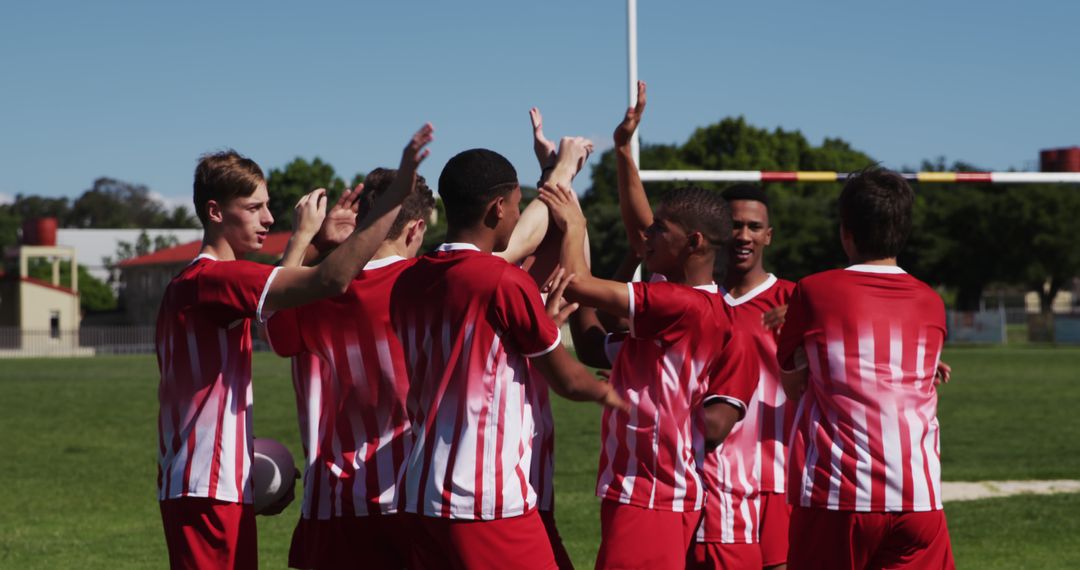 Soccer Team Celebrates Victory with High Fives on Field - Free Images, Stock Photos and Pictures on Pikwizard.com