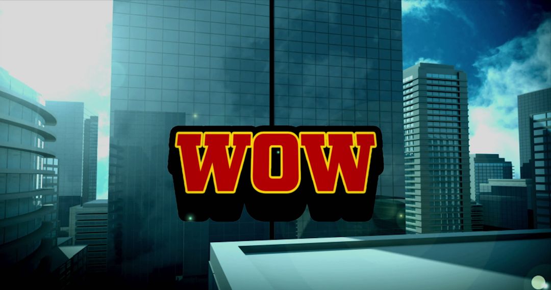 Bold WOW Text Over Dynamic Urban Cityscape Skyline