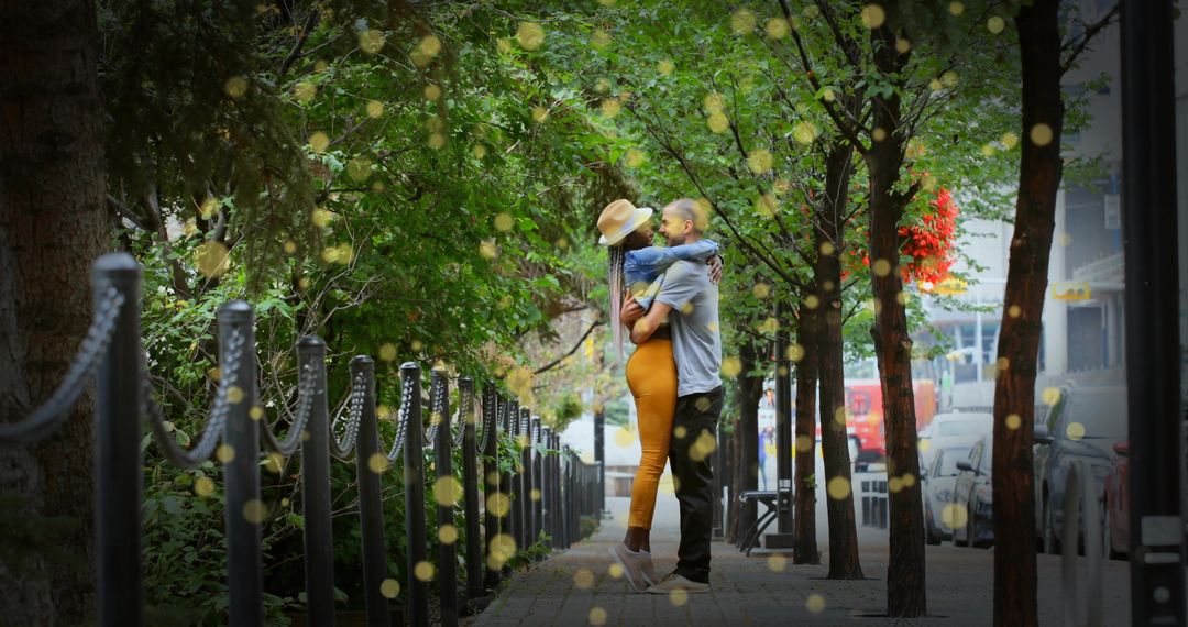 Romantic Couple Embracing on Urban Sidewalk with Bokeh Lights