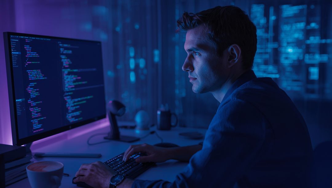 Focused Developer Coding at Night in Futuristic Workspace