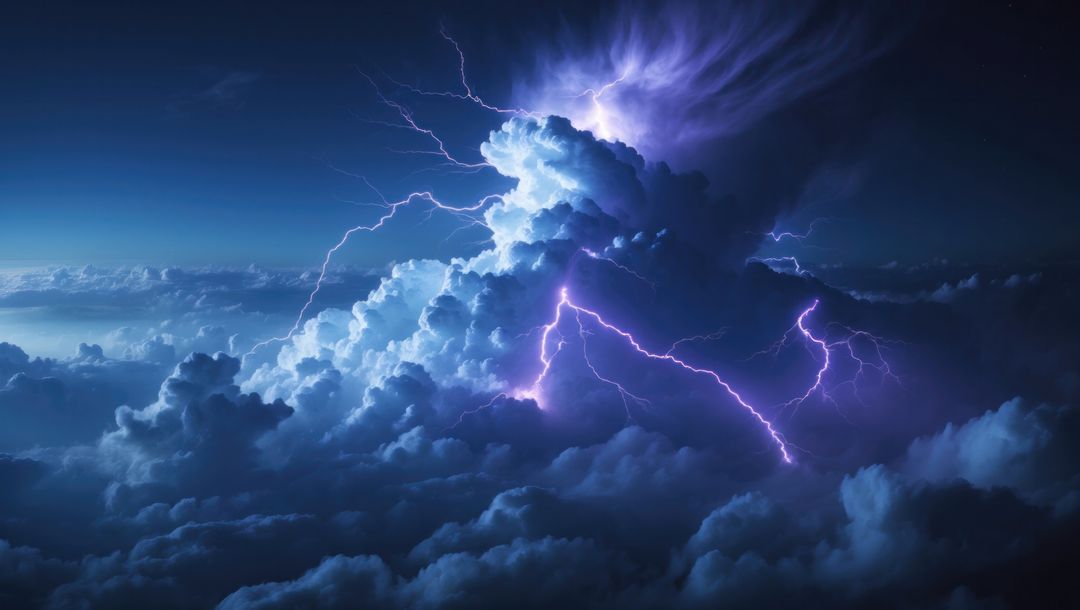 Cumulonimbus Clouds Alive with Purple Lightning in Nocturnal Sky