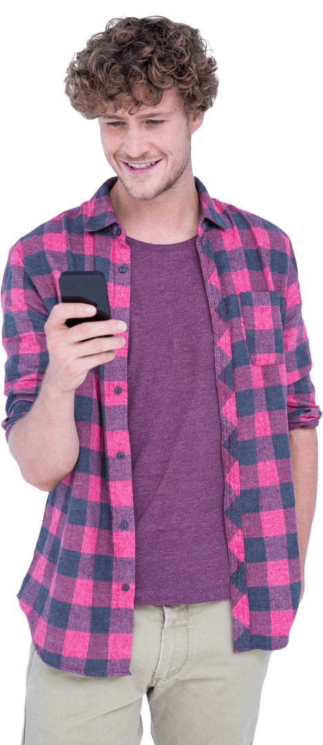 Transparent Young Man Using Smartphone Smiling in Casual Outfit