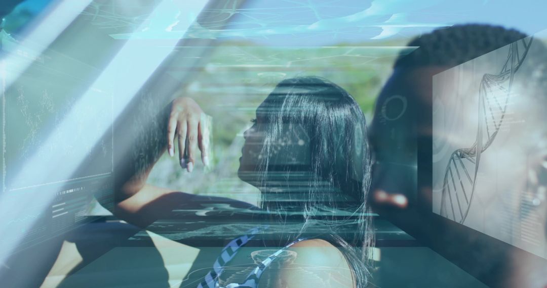 Female Passenger Relaxing in Car with Futuristic DNA Hologram Overlay and Glitch Light