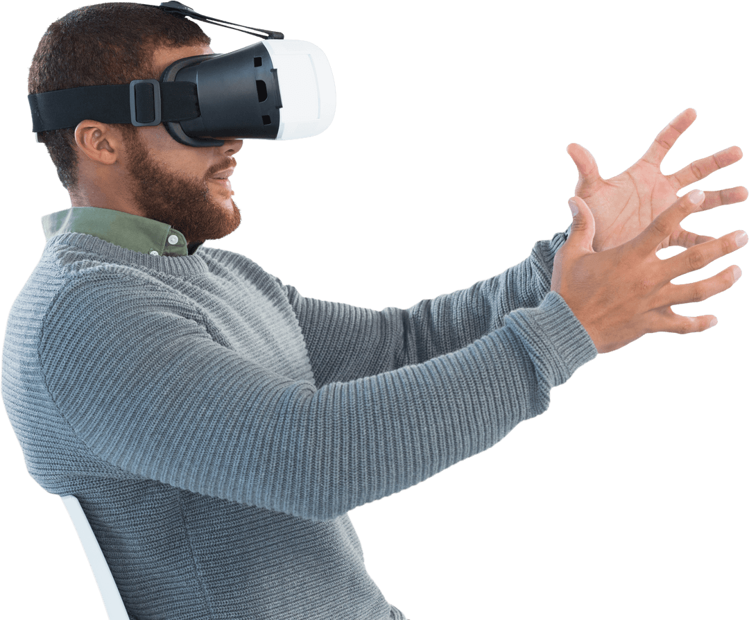 Male Experiencing Virtual Reality with Headset in Transparent Background
