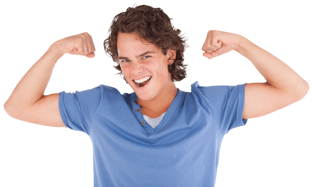 Joyful Man Flexing Muscles with Blue Shirt on Transparent Background
