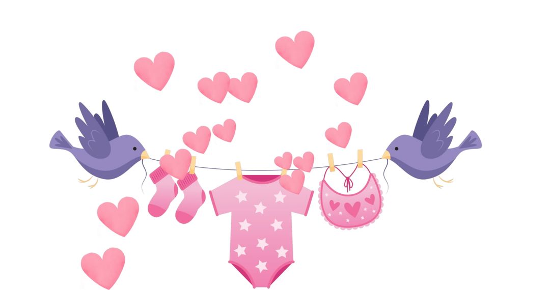 Cute Birds Holding Baby Clothes with Floating Hearts on White Background - Free Images, Stock Photos and Pictures on Pikwizard.com