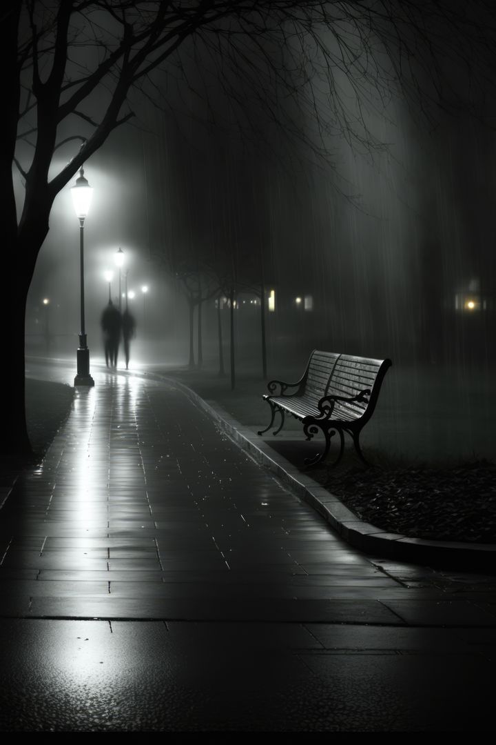 Bench in park on dark misty rainy night, created using generative ai technology - Free Images, Stock Photos and Pictures on Pikwizard.com