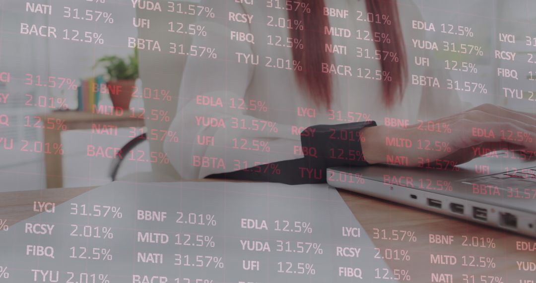 Red-Haired Professional Using Laptop with Digital Data Overlay