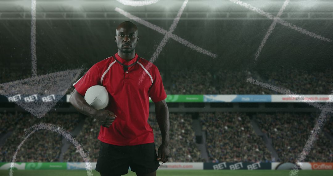 Confident Rugby Player at Stadium with Strategic Overlay