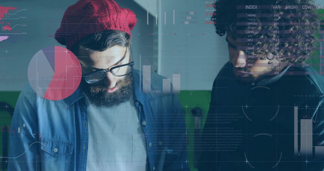 Two colleagues analyzing data overlays with dashboards and charts in team workspace