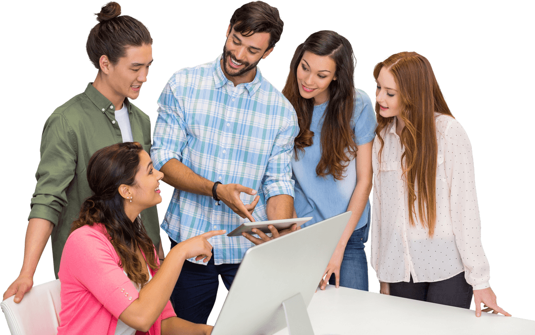Transparent Diverse Team Discussing Over Tablet in Meeting