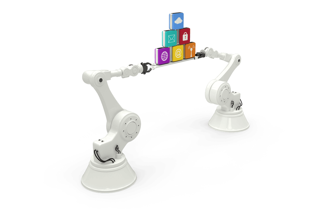 Robot Arms Holding Digital Media Icons on Transparent Background