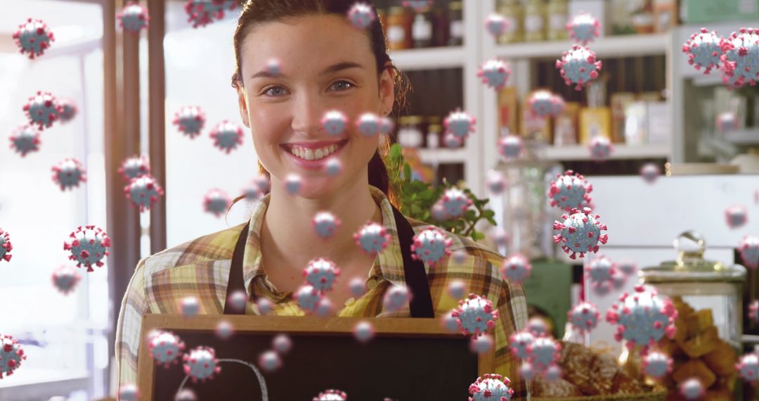 Smiling Barista with Chalkboard and Floating Virus Icons