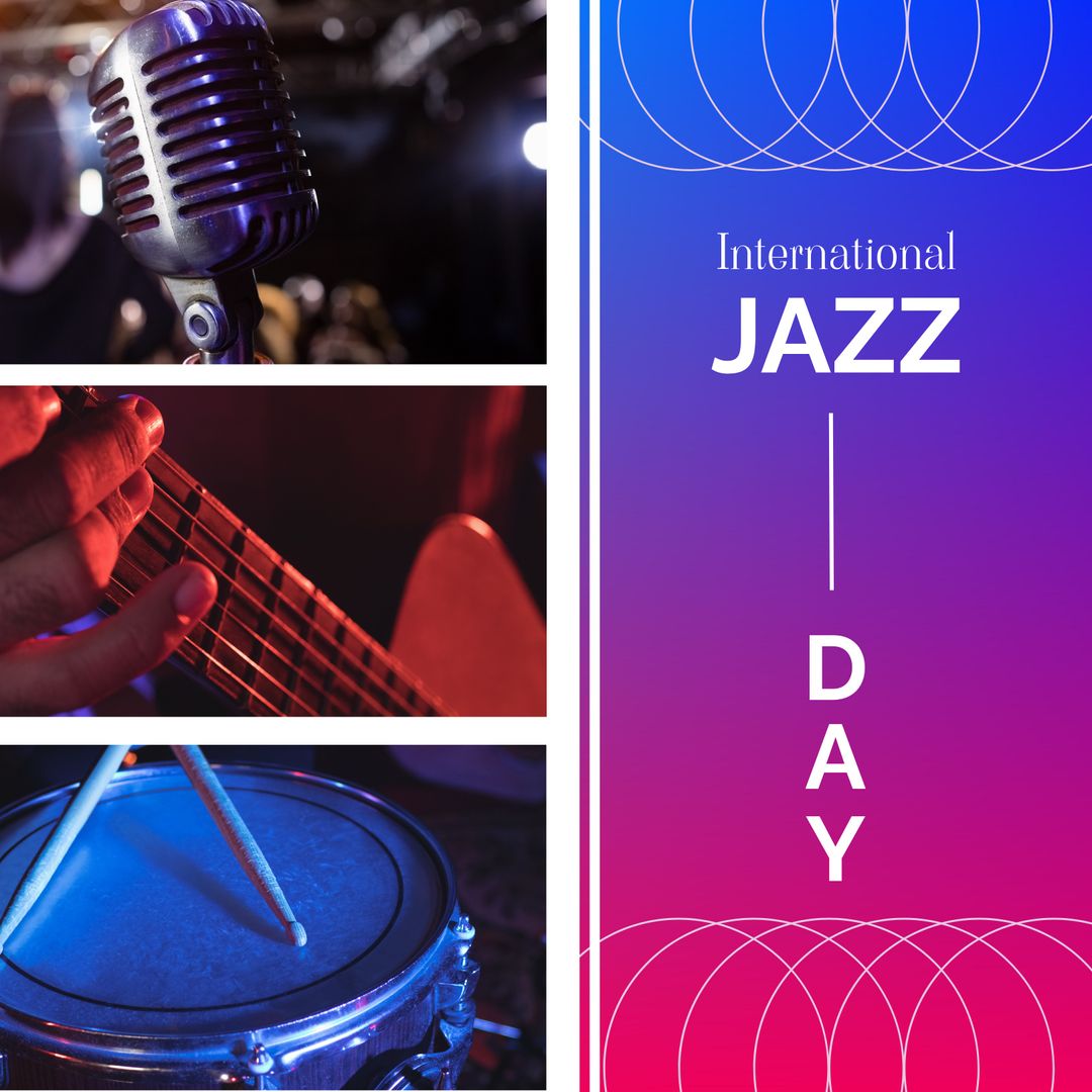 International Jazz Day Musical Collage with Microphone, Guitar, and Drums - Download Free Stock Templates Pikwizard.com