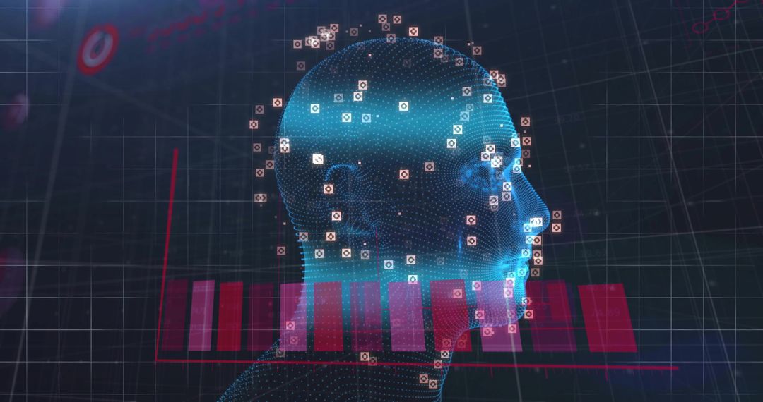3D Wireframe Head with Biometric Facial Recognition Data
