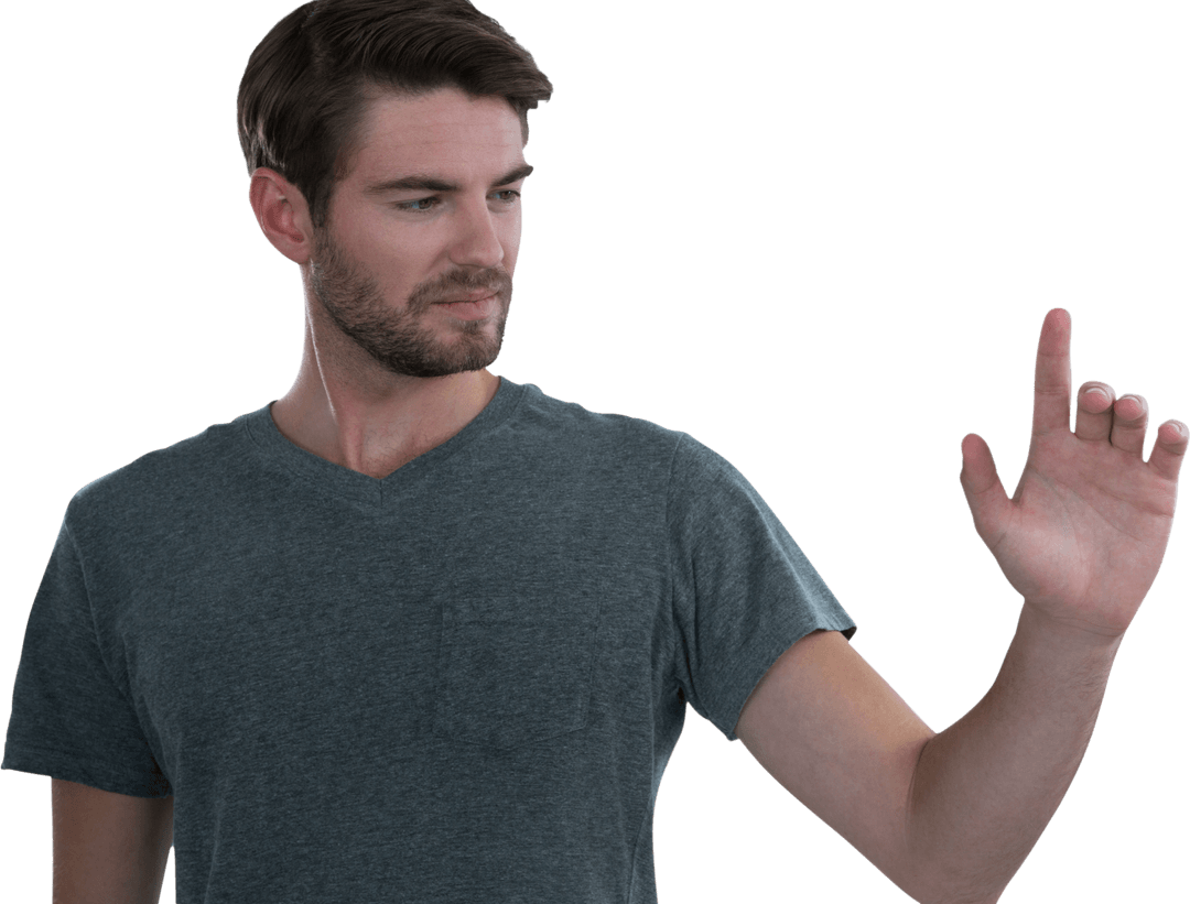 Man interacting with transparent digital interface screen