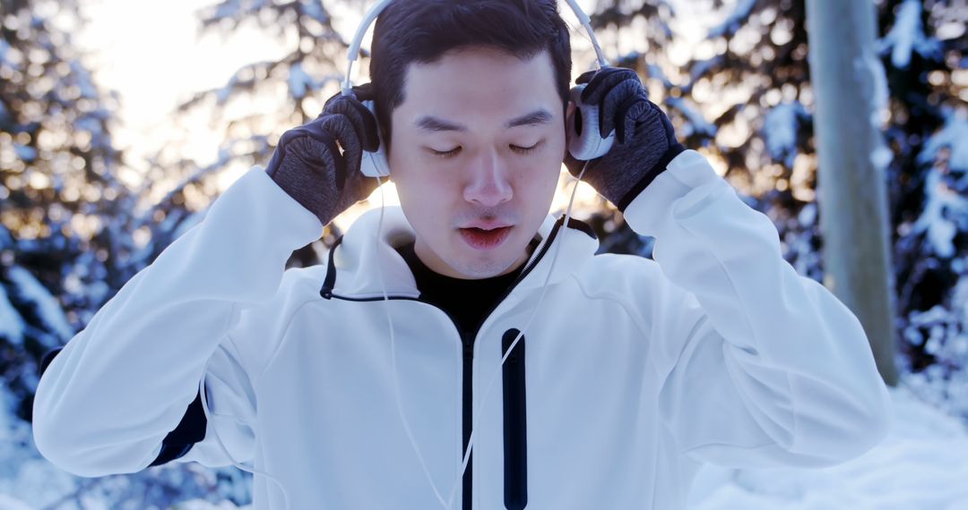 Young Man Listening to Music on Headphones in Winter Landscape - Free Images, Stock Photos and Pictures on Pikwizard.com