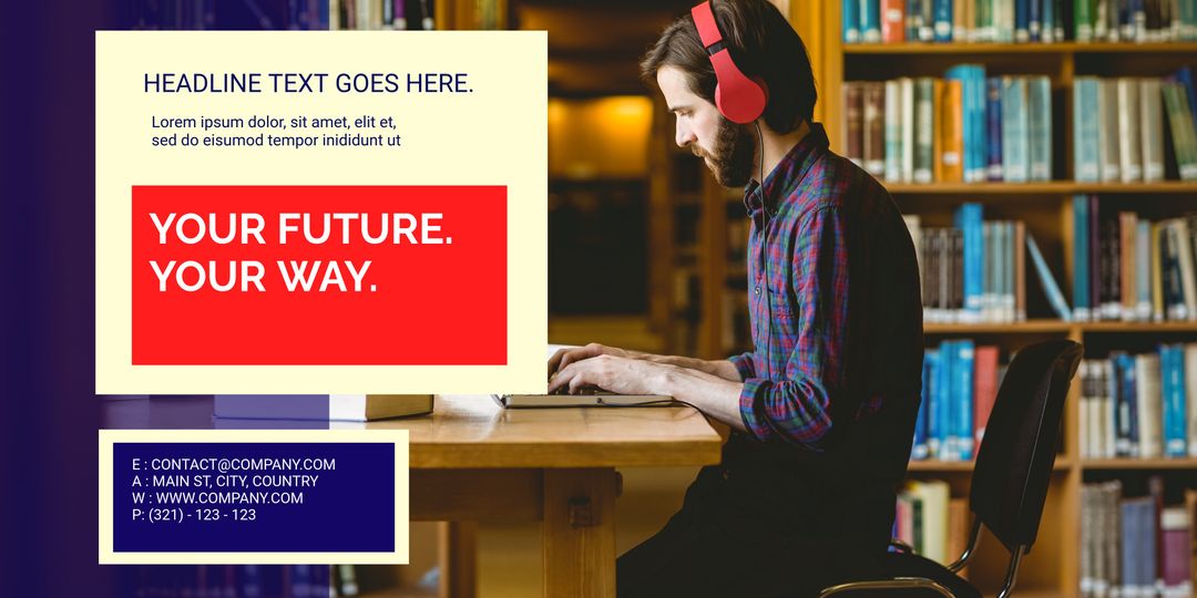 Focused Man Using Laptop in Library with Red Headphones