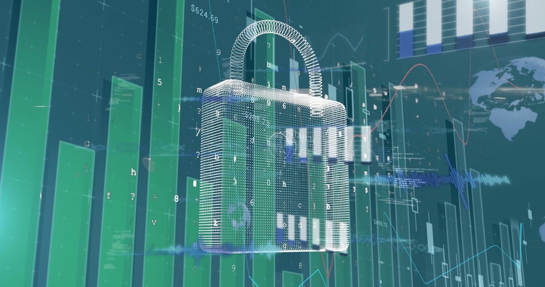 Digital Padlock and Data Analytics on Blue Background