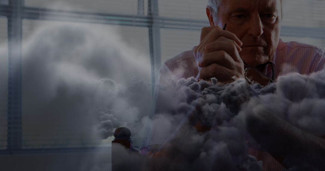 Senior Man Reflecting Amid Cloudy Thoughts