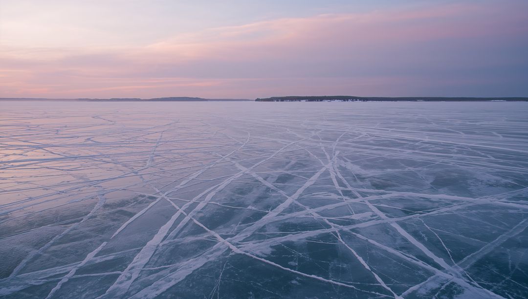 Serene Frozen Lake Crisscrossed by Intersecting Patterns at Dawn