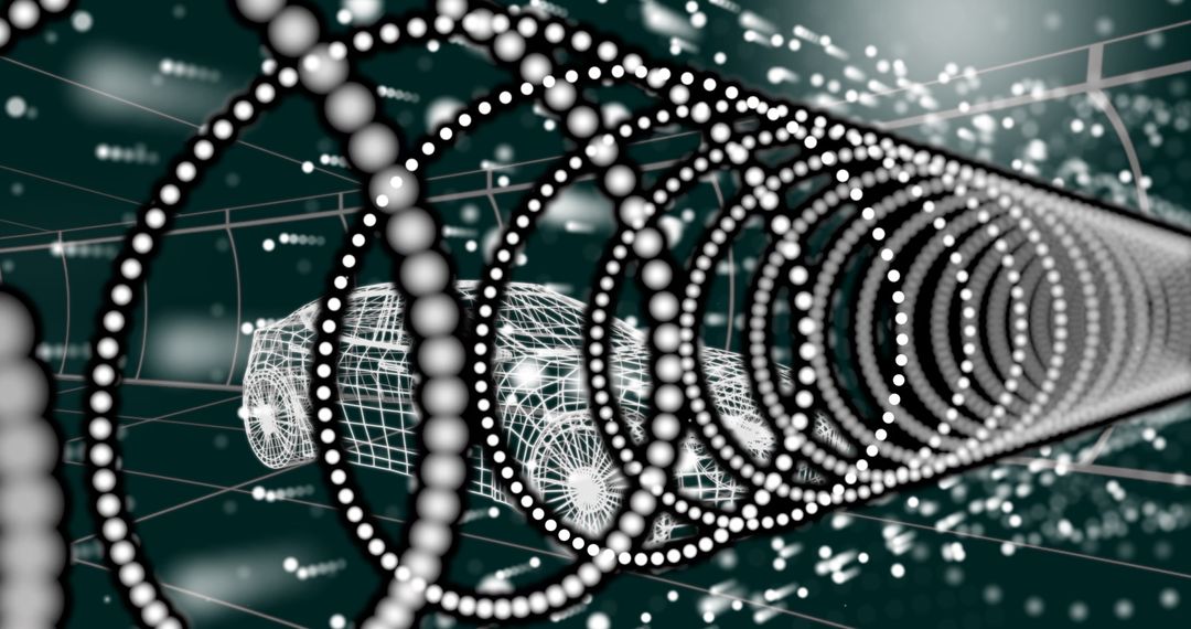 Futuristic Wireframe Car in Digital Tunnel with Glowing Particles