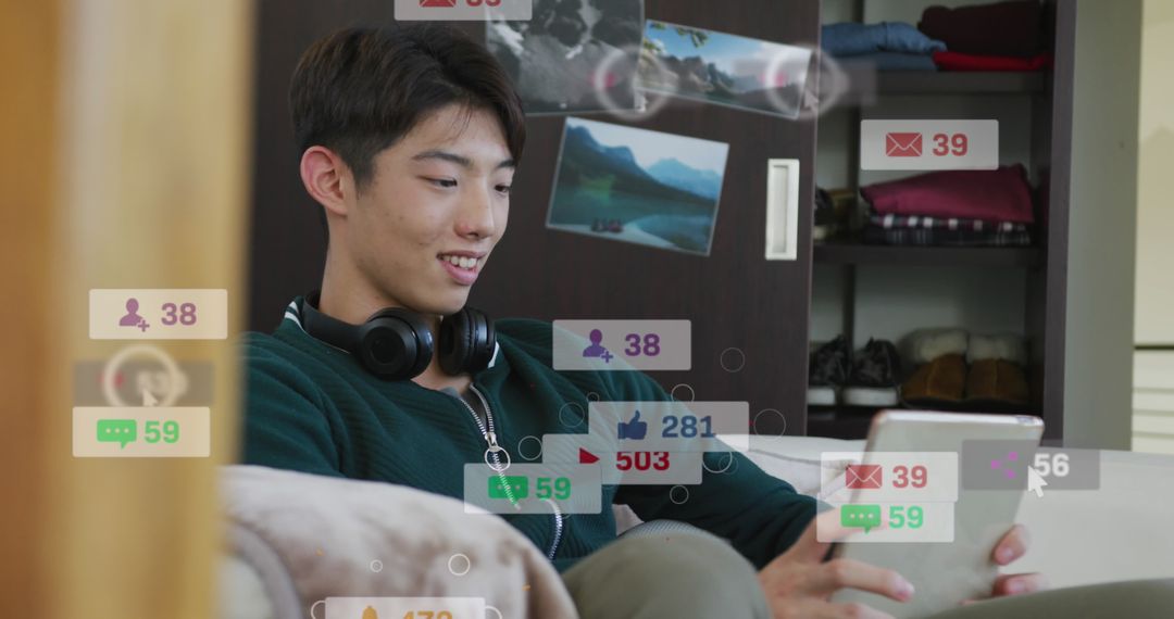 Smiling Teen Enjoying Social Media Notifications on Tablet