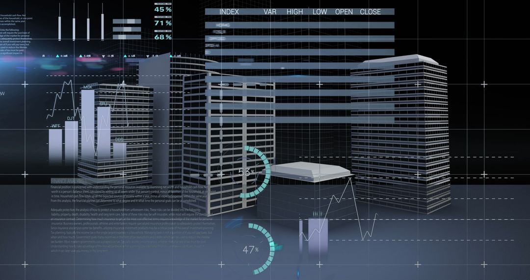 Digitized Financial Analysis Over City Skyline Visualization