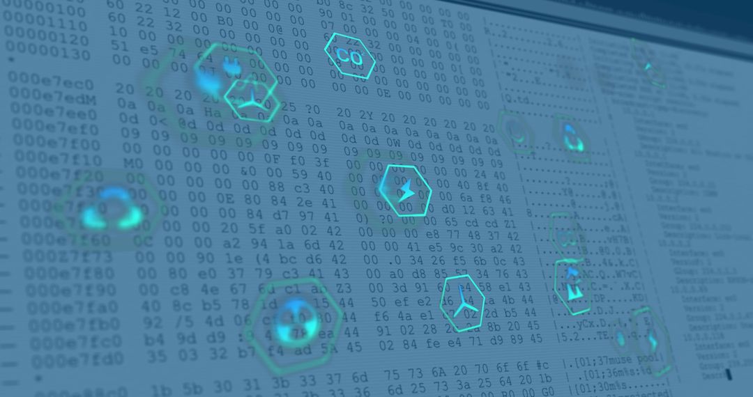 Cybersecurity Interface with Hex Code and Digital Icons