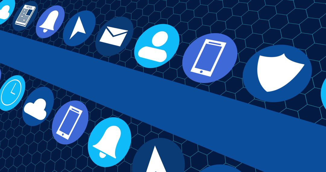 Digital Interface Icons on Blue Hexagon Patterned Background