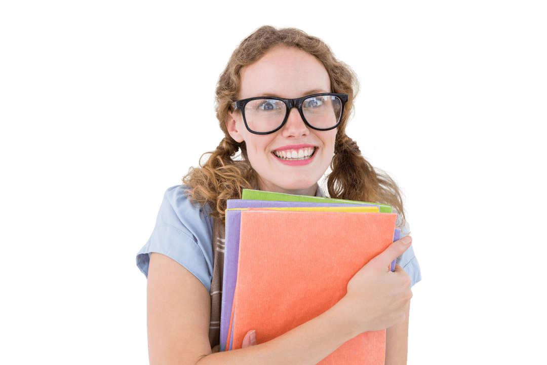 Charming Young Woman Holding Colorful Files on Transparent Background