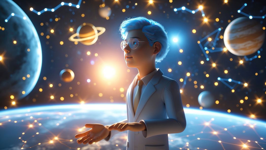 Futuristic astrophysicist visually demonstrating cosmic data in planetarium