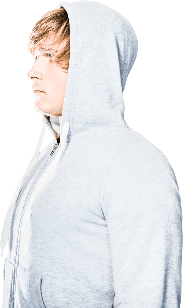 Side Profile of Serious Man in Gray Hoodie on Transparent Background