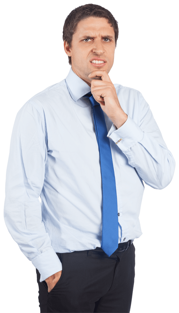 Transparent Businessman Pondering with Hand on Chin Blue Tie