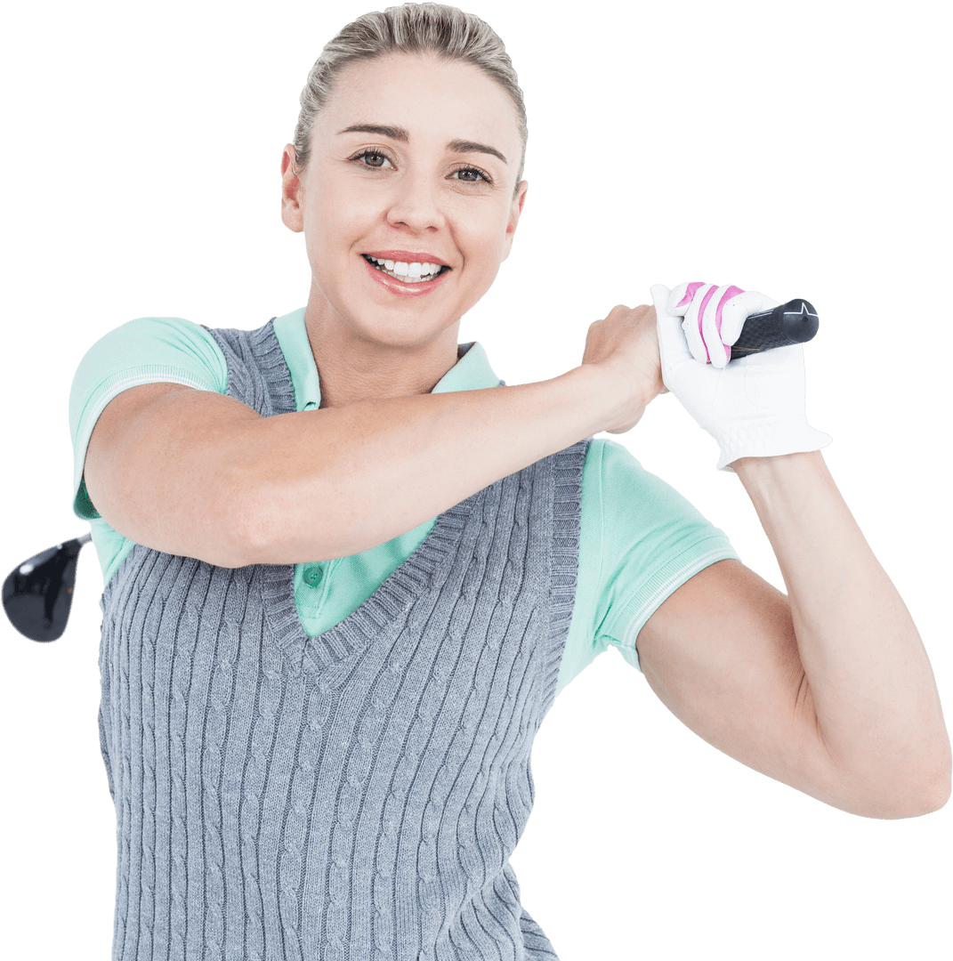 Transparent Female Golfer Smiling While Holding Golf Club