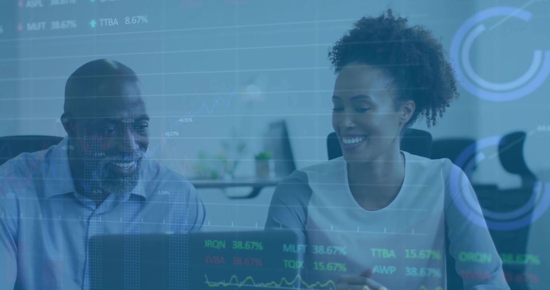 Coworkers Analyzing Financial Data on Laptop with Transparency Effect