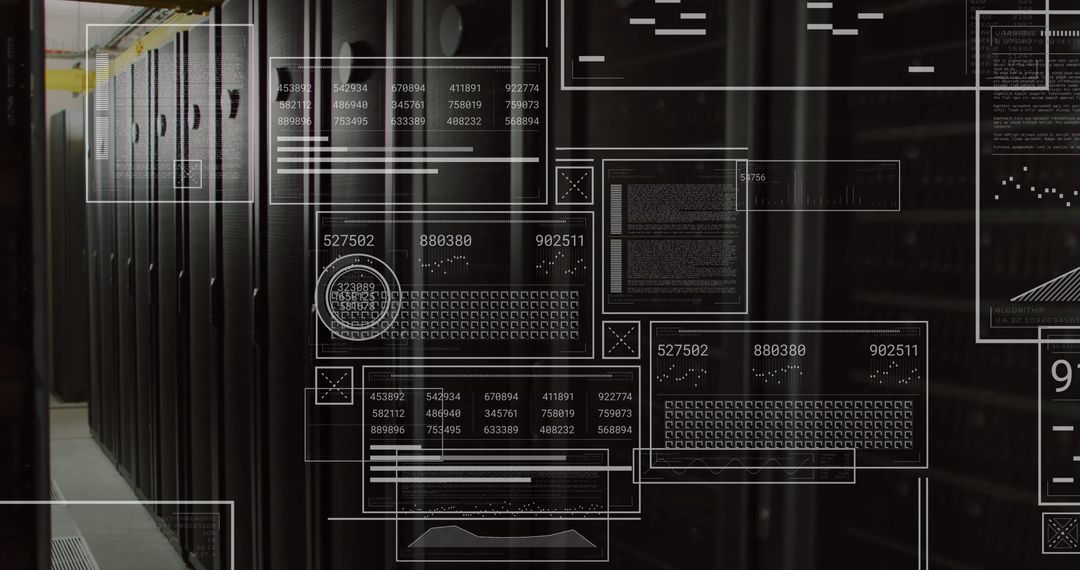 Futuristic Data Center with Digital UI Overlays