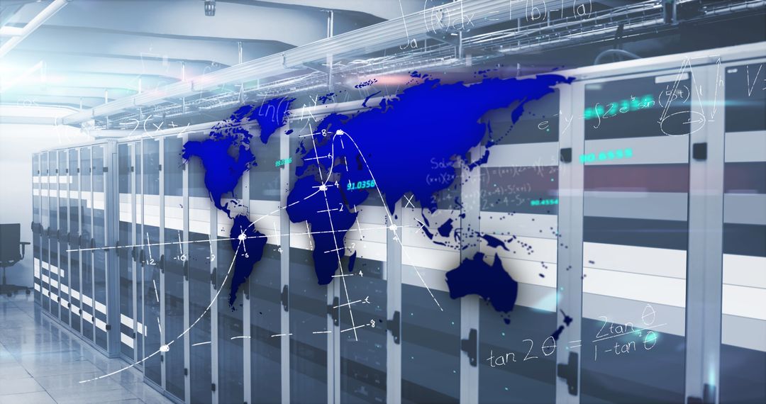 World Map Overlaying Mathematical Formulas on Server Room