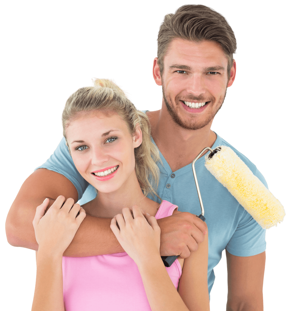 Smiling Couple Hugging with Paint Roller on Transparent Background