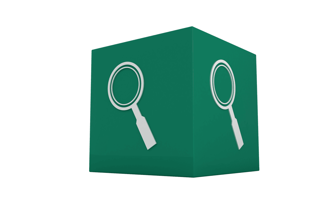 Green Cube with Magnifying Glass Icons on Transparent Background
