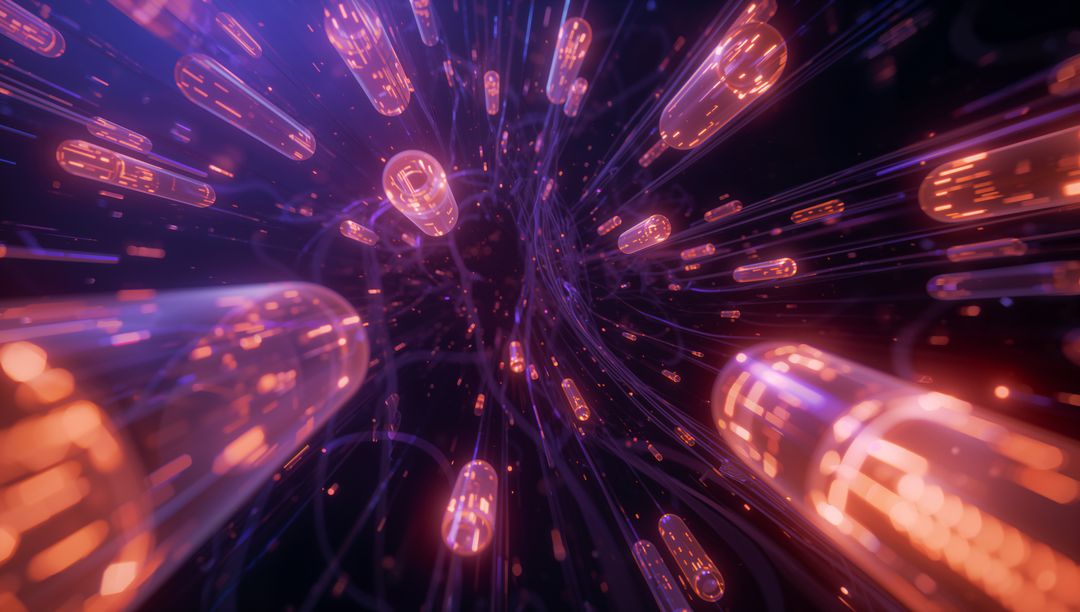Streaming glowing data capsules traveling through neon digital tunnel of cyberspace