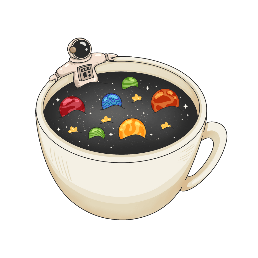 Astronaut Stargazing in Cosmic Coffee Cup on Transparent Background