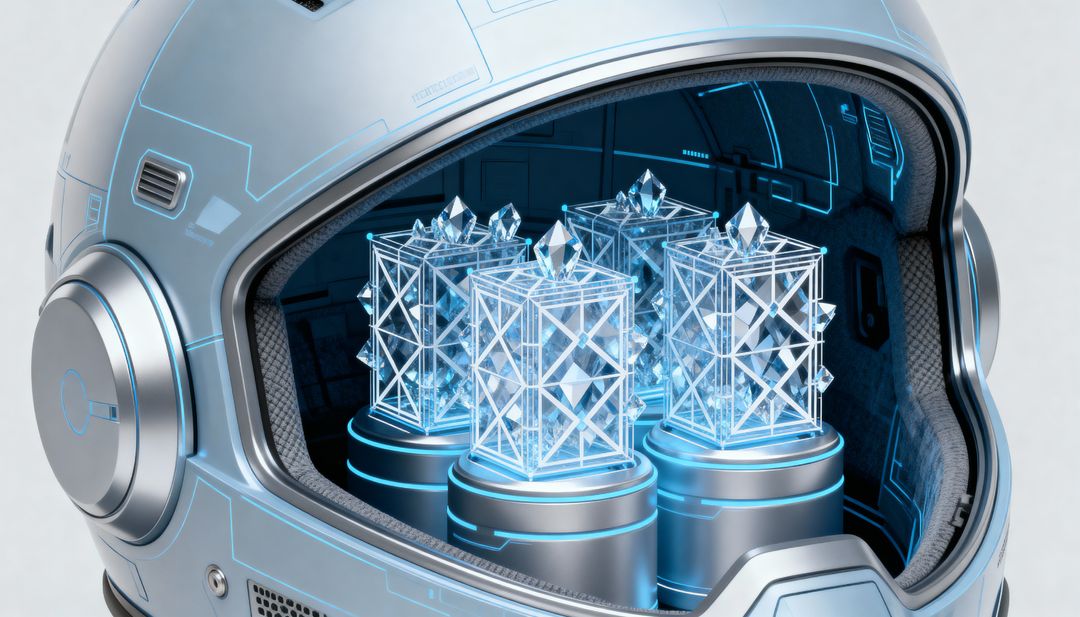 Futuristic silver helmet revealing glowing crystal data modules inside visor, cyber tech